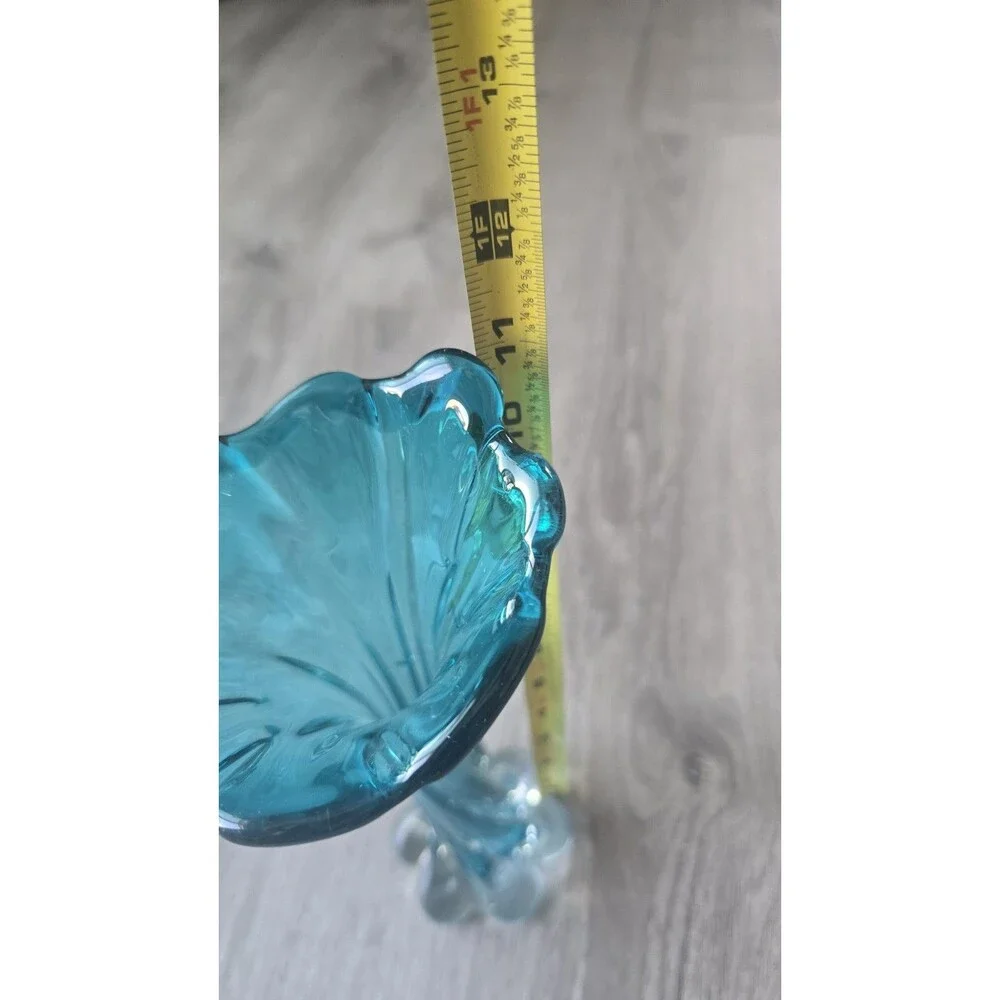 Vintage MCM Twisted Art Glass Vase Turquoise Blue Swung Glass 11
